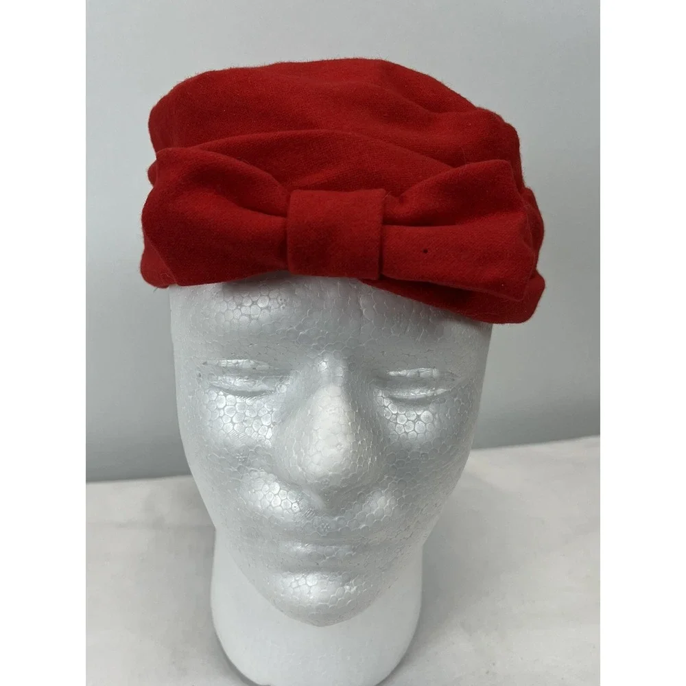 Vintage Wool Pillbox Hat Bow Made By Joyce GUC Red Lined